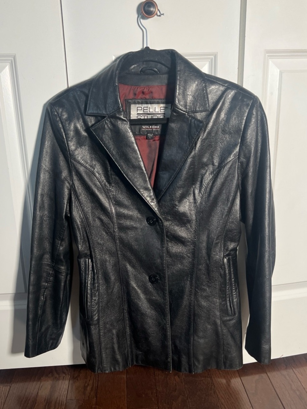 Wilsons Leather Black Leather Button-Front Jacket with Red Lining